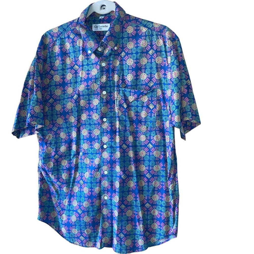 Guy Laroche Vintage Mens Shirt Size Large Multicolor Short Sleeve Button Down